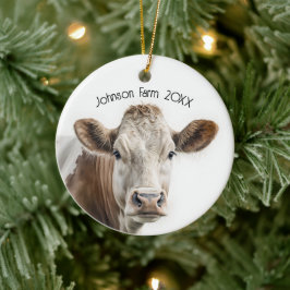 Vattenfärg Hereford Cow på vitt med text Julgransprydnad Keramik