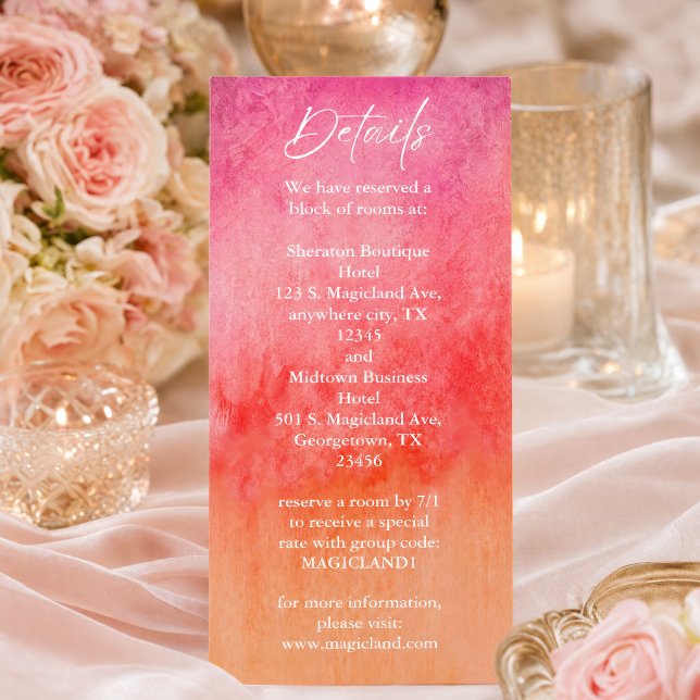 Vattenfärg Het rosa och orange bröllopsdetaljer Meny (Celebrate your special day with this stunning watercolor Enclosure Cards featuring a vibrant sunset)