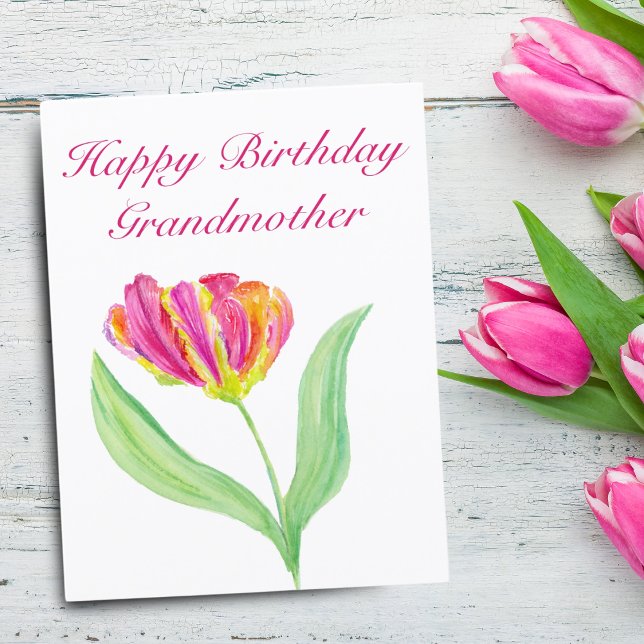 Vattenfärg Hetrosa Tulpan Födelsedag Farmor Tack Kort (A hand painted watercolor that will bring a smile to your Grandmother's birthday!)