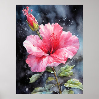 Vattenfärg Hibiscus-Blommigt Illustrativ utskrift Poster