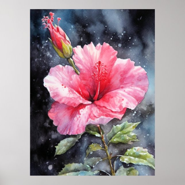 Vattenfärg Hibiscus-Blommigt Illustrativ utskrift Poster (Framsidan)