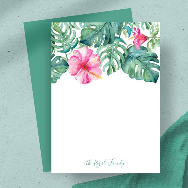 Vattenfärg Hibiscus Personlig Stationeri Anteckningskort (Pink hibiscus flower and monstera palm leaves notecard watercolor art by Victoria Grigaliunas)