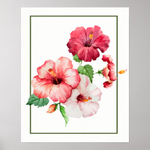 Vattenfärg Hibiscus Tropical Flowers Poster