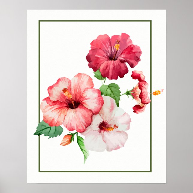 Vattenfärg Hibiscus Tropical Flowers Poster (Framsidan)