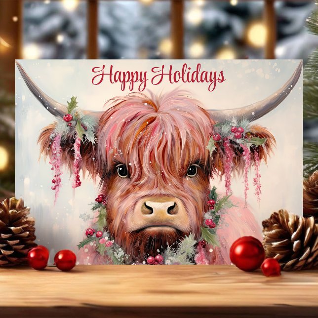 Vattenfärg Highland Ko Glad Jul Helgkort (Skapare uppladdad)