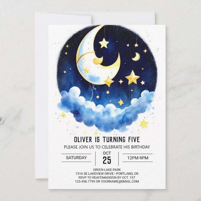 Vattenfärg Himlar i Stars Birthday Inbjudningar (Framsida)