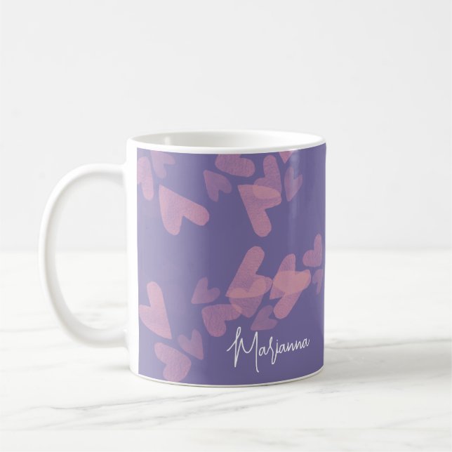 Vattenfärg Hjärtstämplar Rosa Skript Namn Lila Kaffemugg (Vänster)
