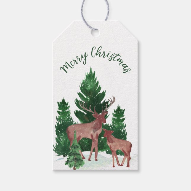 Vattenfärg hjort jul presentetikett (Framsidan)