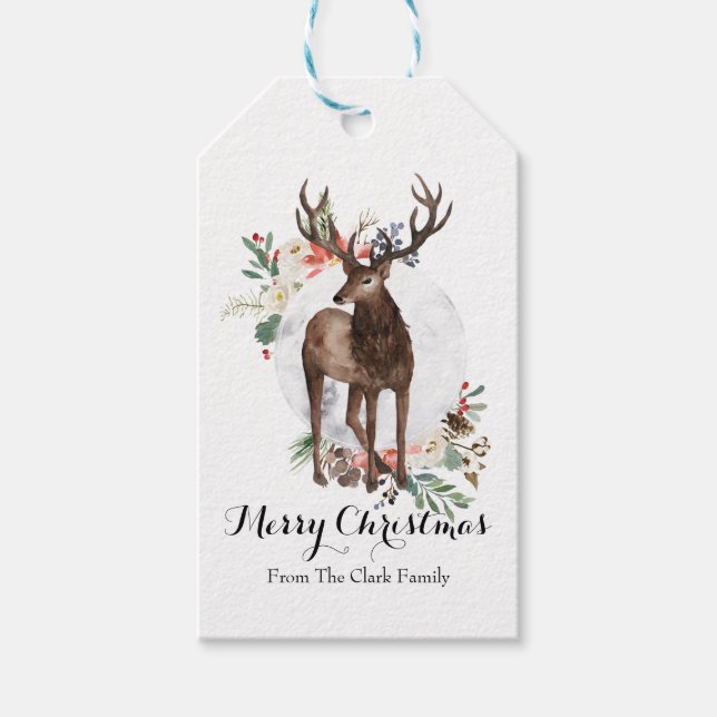 Vattenfärg hjort jul presentkort presentetikett (Framsidan)