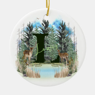 Vattenfärg Hjort Personlig Monogram Bokstav L Julgransprydnad Keramik