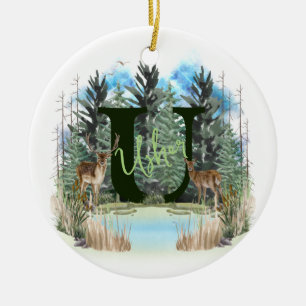 Vattenfärg hjort Personlig monogram bokstav U Julgransprydnad Keramik