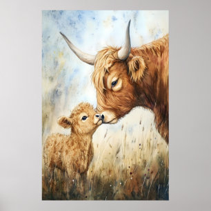 Vattenfärg Högländer Ko Tryck, Barnkammardjur Kons Poster