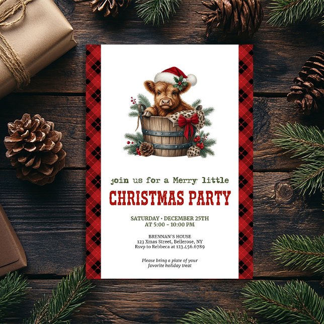 Vattenfärg högländsk ko festlig högtidsinbjudan inbjudningar (Watercolor highland cow festive holiday invite)