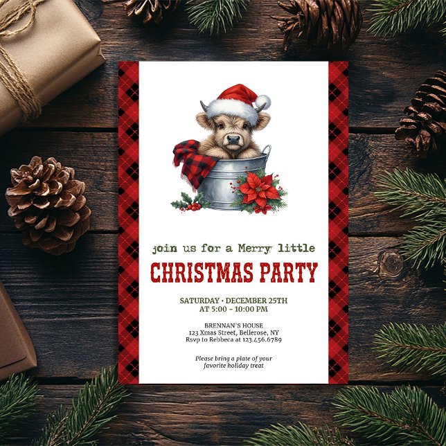 Vattenfärg höglandska ko i hink jul inbjudningar (Watercolor highland cow in bucket Christmas Invitation)
