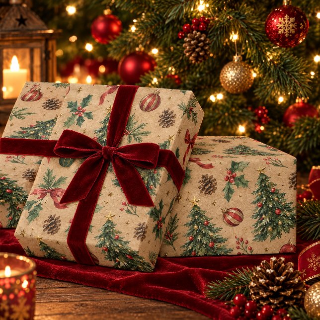Vattenfärg Holiday Tree Kraftpapper Presentinslag  Presentpapper (Watercolor Holiday Tree Kraft Paper Gift Wrap)