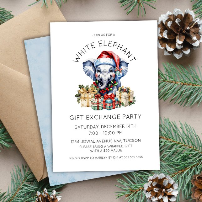 Vattenfärg Holiday White Elephant-gåvobyte Inbjudningar (cute watercolor white elephant gift exchange party invitation for holiday christmas office parties)