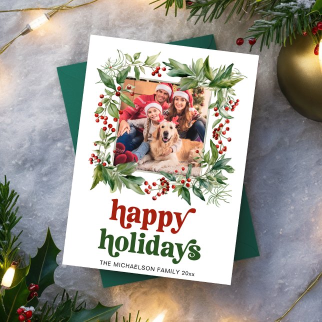 Vattenfärg Hollly Ram Foto Jul Glad Julkort (Happy Holidays Watercolor Holly Frame Photo Holiday Card)