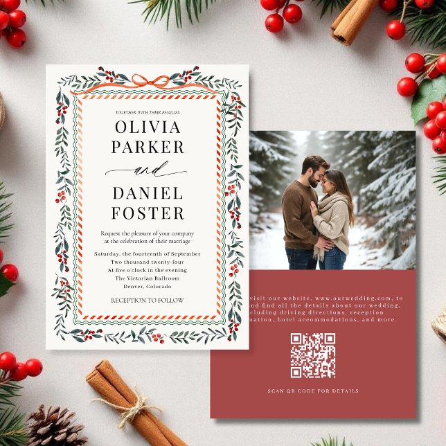 Vattenfärg Holly Bow QR-kod Foto Vinterbröllop Inbjudningar (Skapare uppladdad)