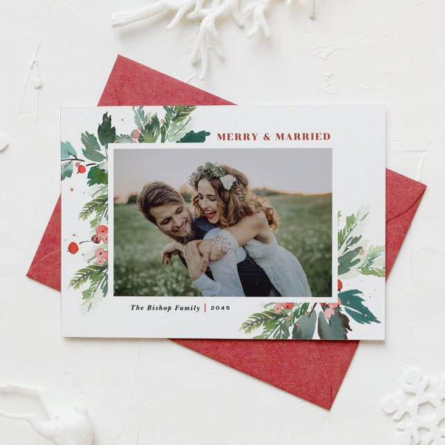 Vattenfärg Holly Grönska Foto Bröllop Jul Julkort (Watercolor Holly and Winter Greenery Photo Wedding Christmas Holiday Card)