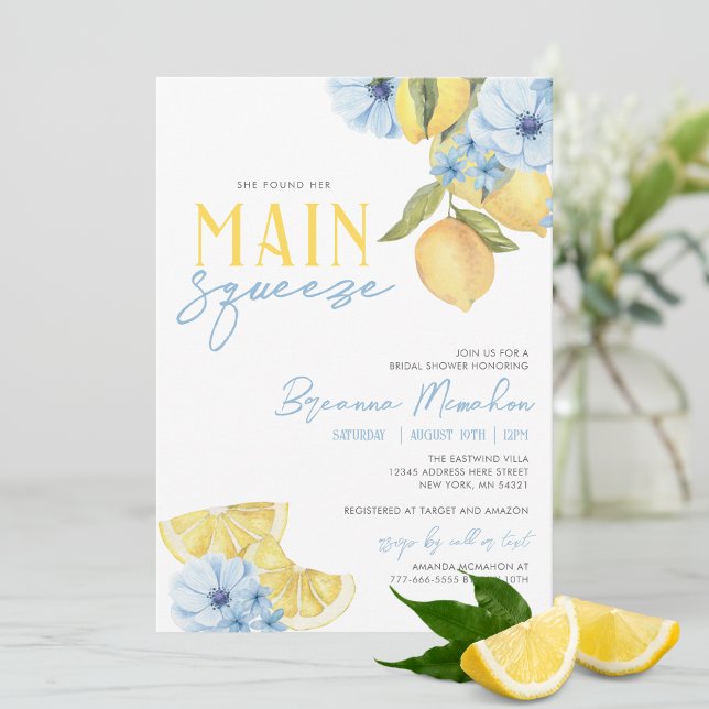 Vattenfärg Hon hittade sin huvudsakliga Lemon-Möhi Inbjudningar (Trendy Watercolor She Found Her Main Squeeze Lemon Bridal Invitations with Adorable Blue Flowers)