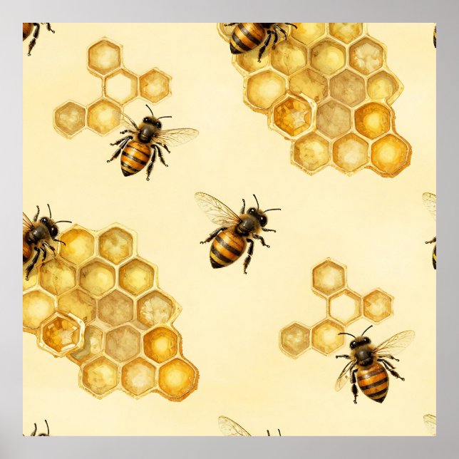 Vattenfärg Honungsbi Bikupemönster Poster (Framsidan)