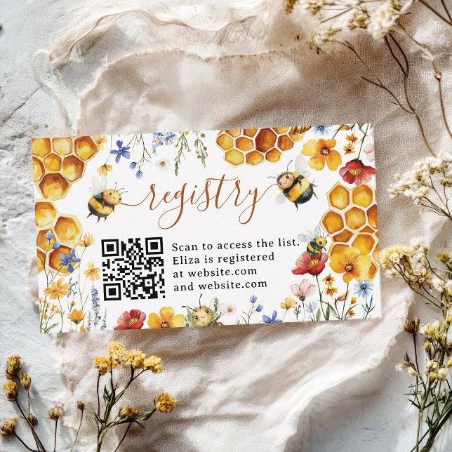 Vattenfärg Honungsbi Bröllopspresentregistrering  Tilläggskort (Watercolor Honey Bee Wildflower Bridal Registry Enclosure Card)
