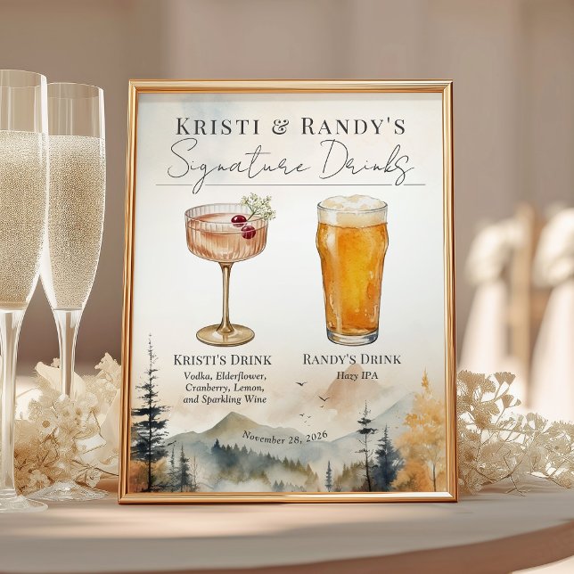 Vattenfärg Höst Berg Bröllopsdrycker Barskylt (Watercolor fall mountain trees forest landscape wedding signature drinks 8.5x11 bar sign paper print)