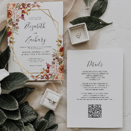 Vattenfärg Höst Blommig Guld QR-kod Bröllop Inbjudningar