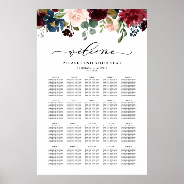 Vattenfärg Höst Blommig Höst Bröllop Placeringspla Poster (Framsidan)
