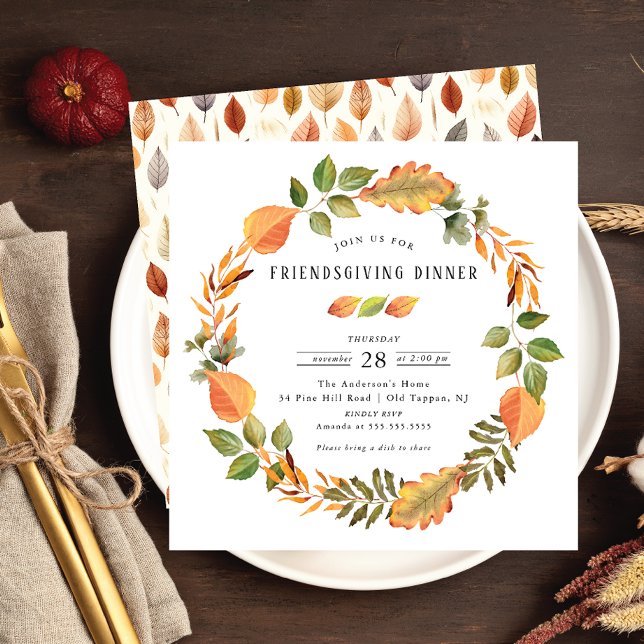 Vattenfärg Höst löv Friendsgiving-middag Inbjudningar (Skapare uppladdad)
