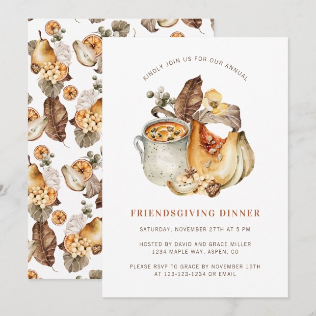 Vattenfärg Höst Pumpa Mat Thanksgiving Middag Inbjudningar (Fram/baksida)