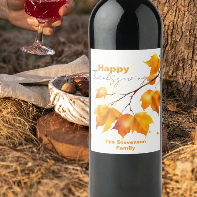 Vattenfärg Höstkarta Blad Thanksgiving Vinflaska Etikett (Skapare uppladdad)