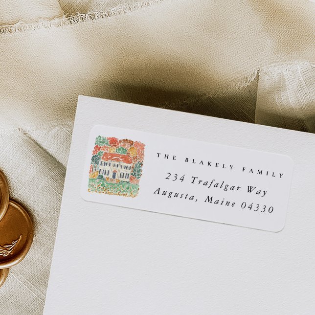 Vattenfärg Höstlig Georgiansk Hus Returadress Etikett (Watercolor Autumnal Georgian House Return Address Label)