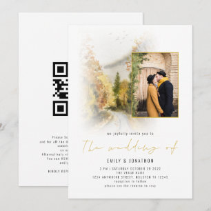 Vattenfärg Hösträd Foto QR-kod Guld Bröllop Inbjudningar