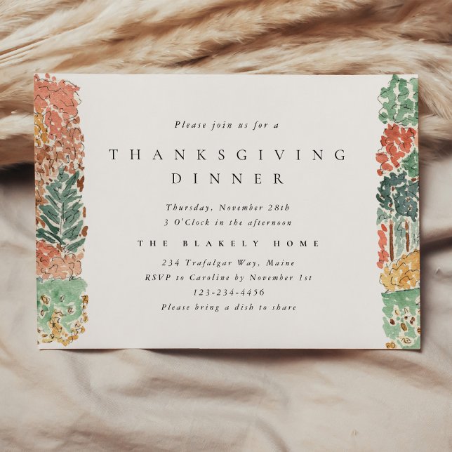 Vattenfärg Hösträd Thanksgiving Middag Inbjudningar (Watercolor Autumn Trees Thanksgiving Dinner Invitation)