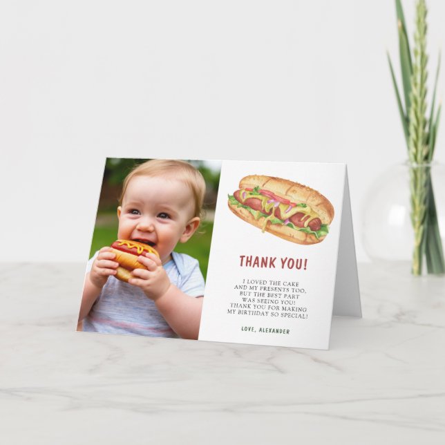Vattenfärg Hot Dog Första Födelsedagsfest Tack Kort (Framsida)