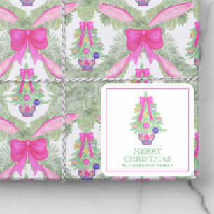 Vattenfärg Hot Pink Bow Ginger Jar Julpresent Fyrkantigt Klistermärke
