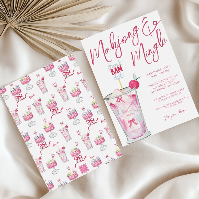 Vattenfärg Hot Pink Mahjong Cocktailparty Inbjudningar (Skapare uppladdad)