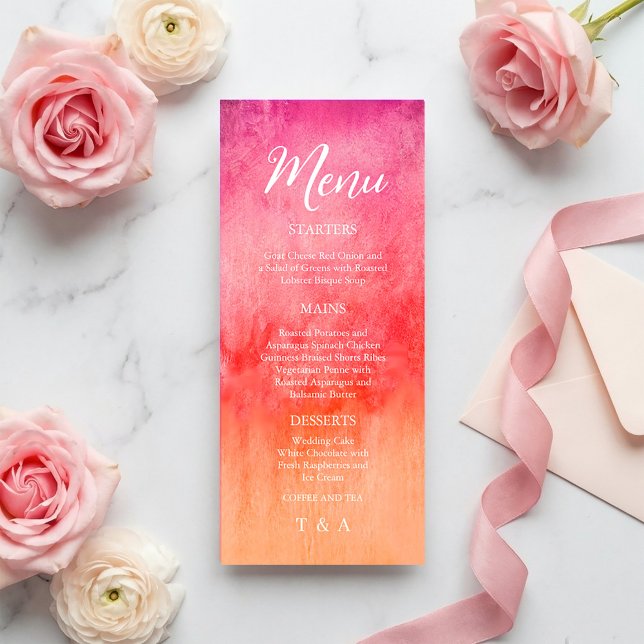 Vattenfärg Hot Pink och Orange Bröllopsmeny Meny (Watercolor Hot Pink and Orange Wedding Menu #menu #hotpinkandorange #springbloom #dinner #brightmenu)