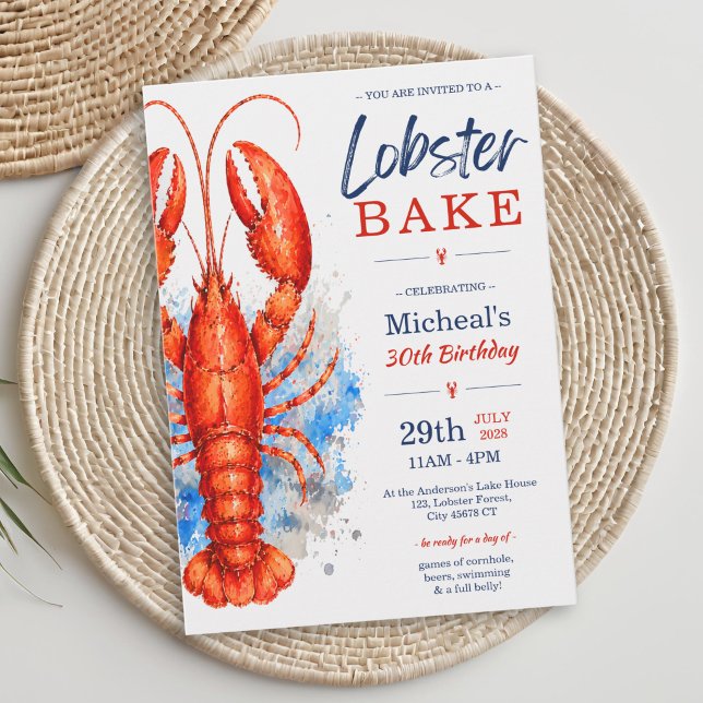 Vattenfärg Hummer Bakning 30-årsfirande Inbjudningar (Watercolor Lobster Bake 30th Birthday Invitation)