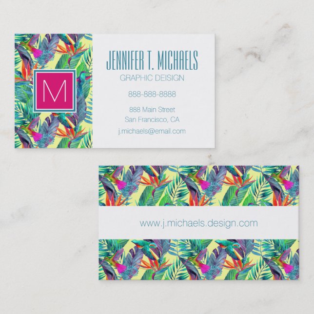 Vattenfärg Humminbirds i monogramen för djungel | Visitkort (Fram/baksida)
