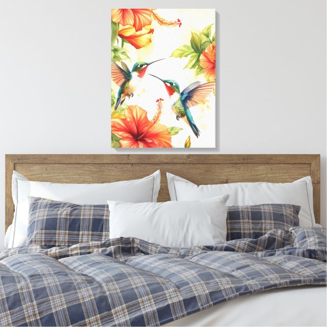 Vattenfärg Hummingbird and Flowers Design Canvastryck (Insitu (sovrum))