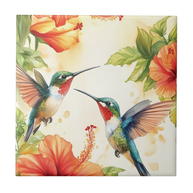 Vattenfärg Hummingbird and Flowers Design Kakelplatta (Framsidan)