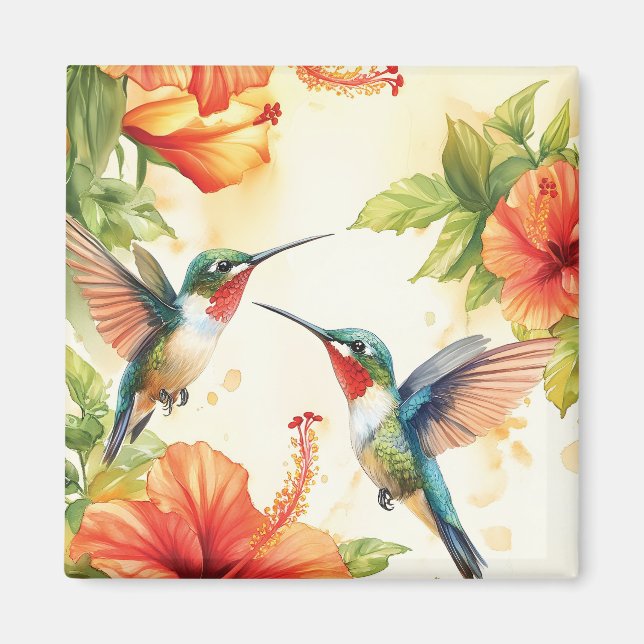 Vattenfärg Hummingbird and Flowers Design Magnet (Framsidan)