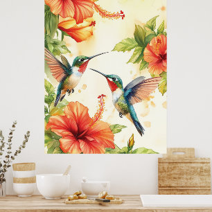 Vattenfärg Hummingbird and Flowers Design Poster