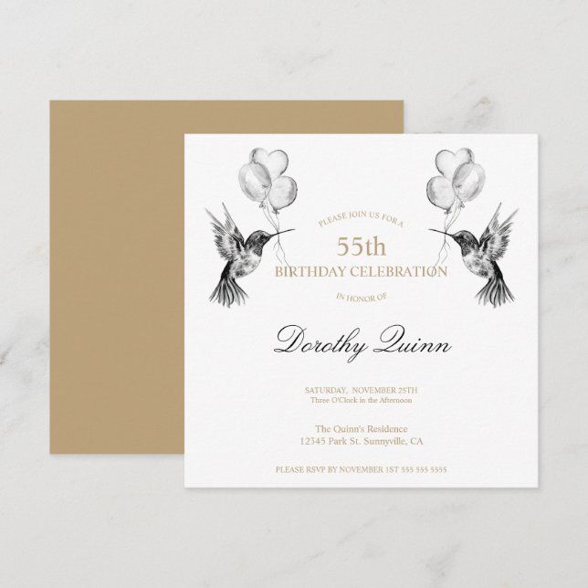 Vattenfärg Hummingbird och Ballons födelsedag Inbjudningar (Fram/baksida)