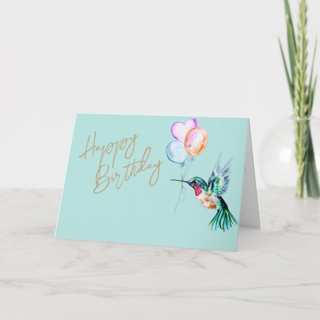 Vattenfärg Hummingbird och Ballons födelsedag Kort (Framsida)