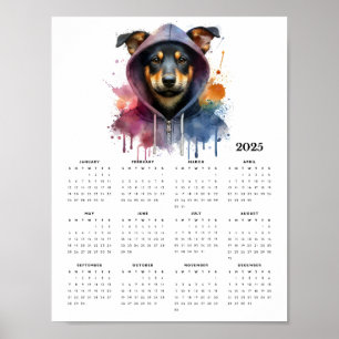 Vattenfärg Hund i Hoodie Stänk Art 2025 Calendar Poster