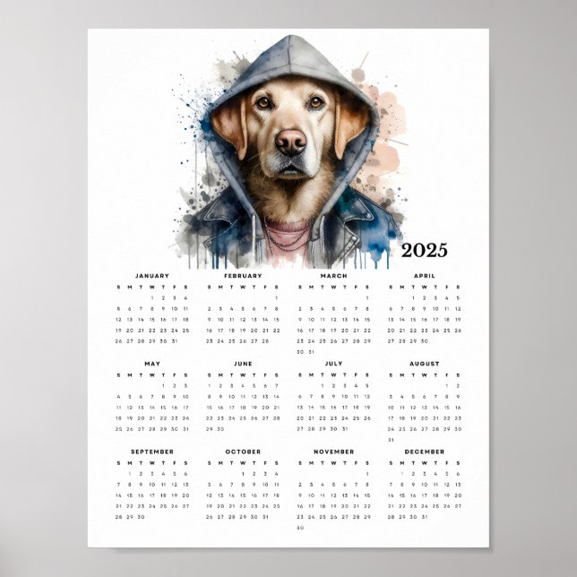 Vattenfärg Hund i Hoodie Stänk Art 2025 Calendar Poster (Framsidan)