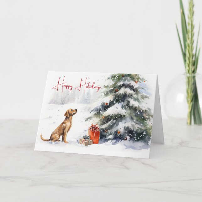 Vattenfärg Hund med Julgran Kort (Framsida)